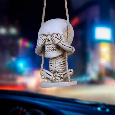 Skull Car Mirror Hanging Ornament with Christmas Hat Goth Auto Accessories for Men Women Swinging Skeleton Pendants Horror Things Spooky Charms Decor