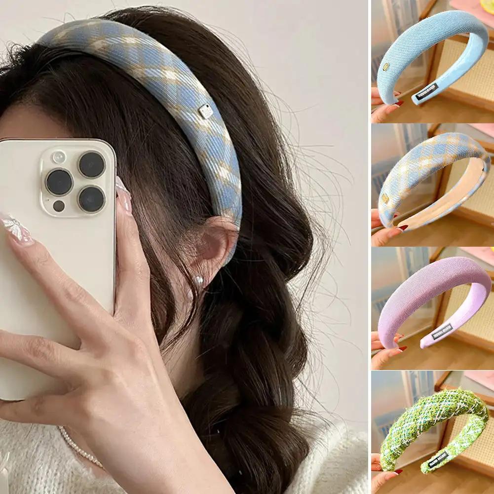 Spring Summer Women Solid Color Head Hoop Set Princess Girls Sweet Plaid Cloth Headbands for Children Daily Headpiece