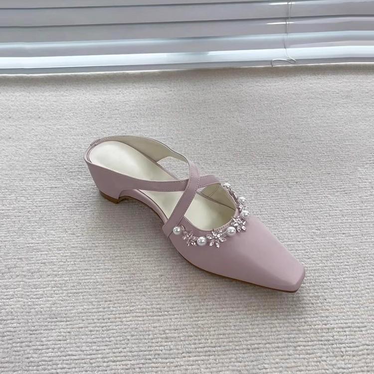 Sheepskin version~ French gentle purple cross with rhinestone knitted square head Mueller shoes for women to wear outside and cool slippers fo