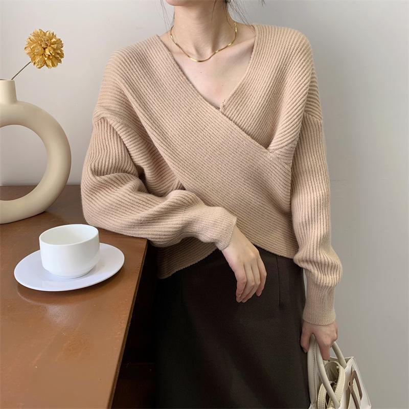Koreanischer schicker Vintage-Strickpullover mit V-Ausschnitt und Fledermausärmeln für Damen