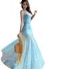 French blue floral suspender dress women's summer seaside vacation beautiful slim pure desire fishtail hip wrap dress