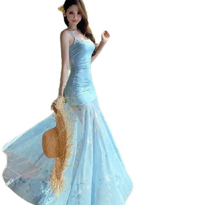 French blue floral suspender dress women's summer seaside vacation beautiful slim pure desire fishtail hip wrap dress