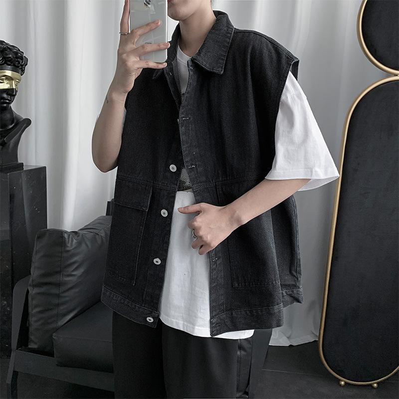 Väst Denimjacka Jacka Herr Vår och Höst Trend Koreansk Stil Lös Bf Stil Ärmlös Verktygsväst Väst