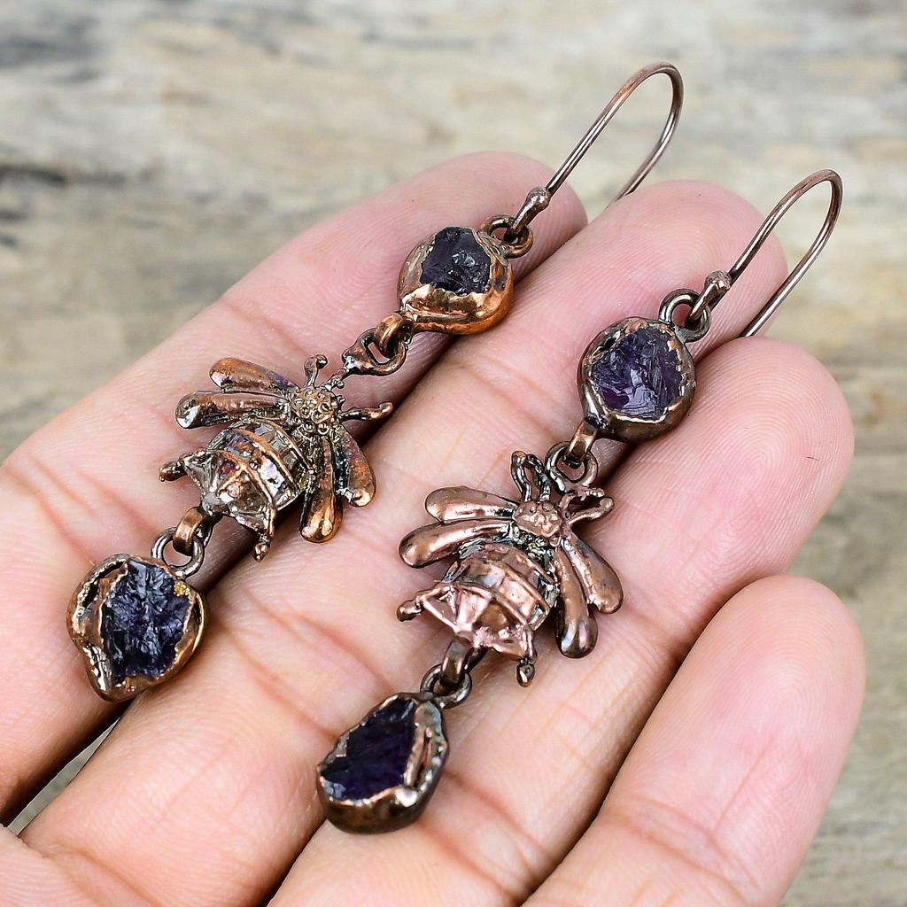 African amethyst rough earring electroformed copper earrings gemstone jewelry honey bee earring handmade copper jewelry anniversary gifts