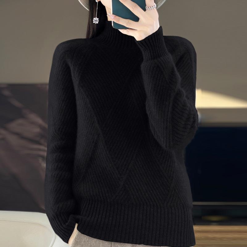 Women's Autumn & Winter Thick Cashmere Wool Sweater - Half-High Collar, Diamond Jacquard, Long Sleeve, Loose Fit