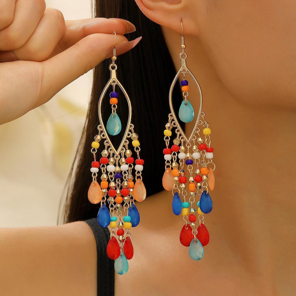 Bohemian Vacation Ethnic Style Advanced Feeling Tourism Makeup Long Tassel Earrings For Women