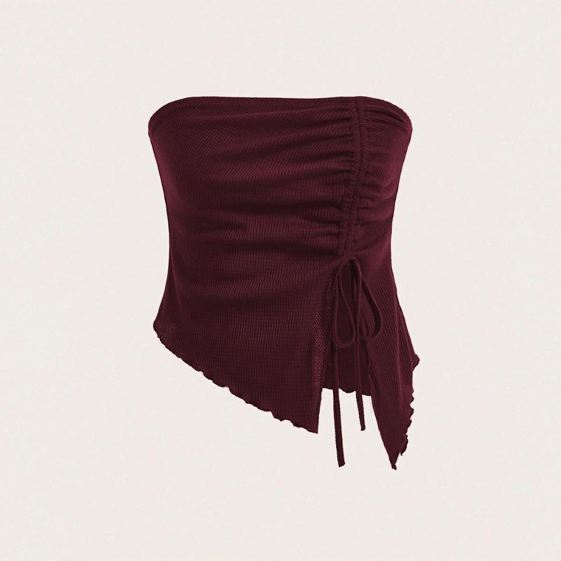 Women European Style Drawstring Irregular Slit Waffle Fitted Strapless Tube Crop Top
