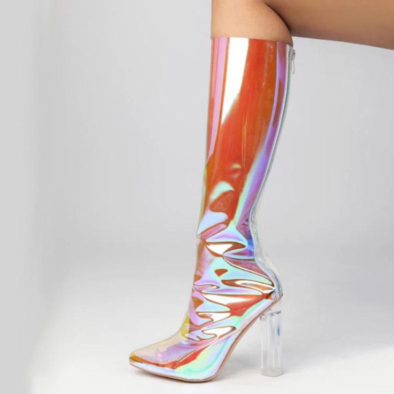 Fashion Sexy Pointed Crystal Thick High-heel Transparent Knee High Boots New Women Rear Zipper Fashion Show Stage Long Boot Size 35-47
