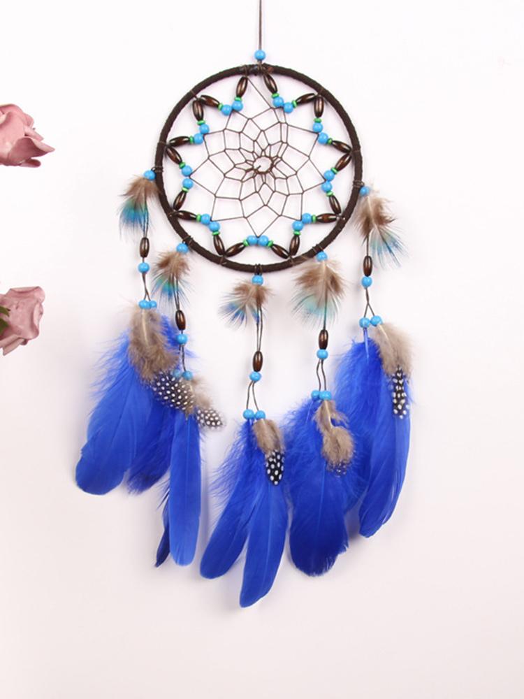 Creative Blue Feather Dream Catcher Wind Chime Hand-woven Car Pendant Holiday Birthday Gift Garden Bedroom Home Hanging Ornament