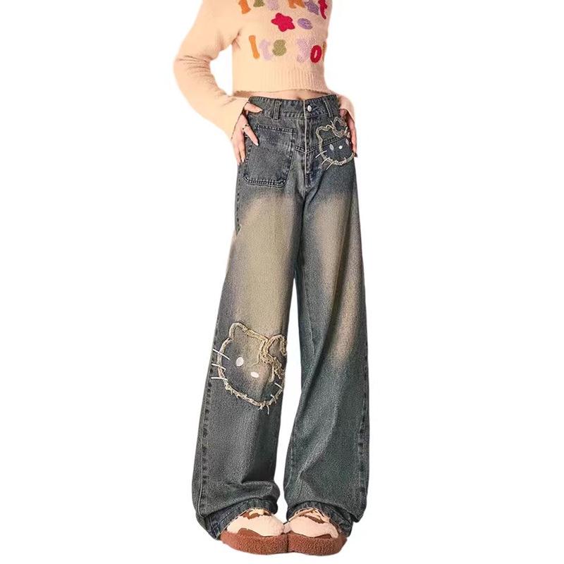 Women’s Retro Cat Embroidered High-Waist Wide-Leg Jeans - 2025 Spring/Autumn Collection