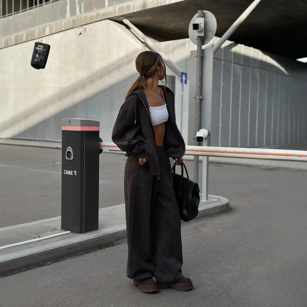 European and American street style casual suit solid color long-sleeved zipper hoodie jacket lace-up wide-leg pants two-piece set