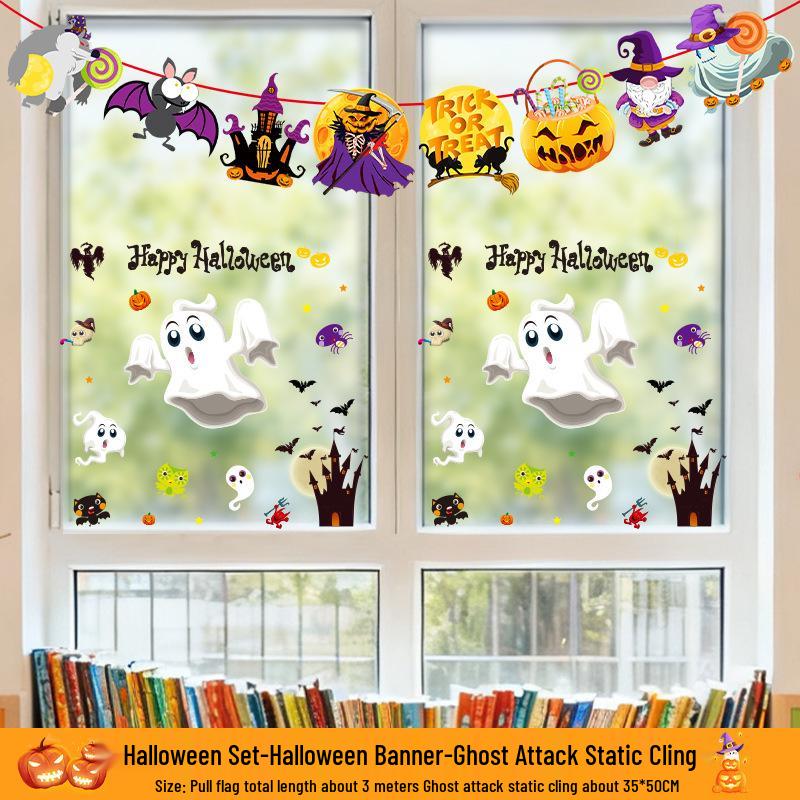 Kürbis Fenstersticker & Atmosphären-Flaggen - Halloween Glasaufkleber für Kindergarten & Geschäfte