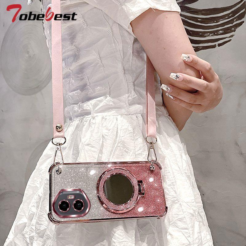 Crossbody Lanyard Shockproof Glitter Plating mirror Magsafe Holder Case For Huawei Honor 300 200 100 90 Lite 80 70 60 Pro Cover