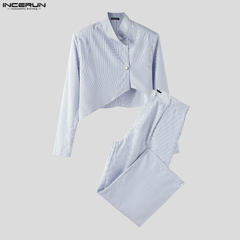 INCERUN Herren Outfits Stehkragen Gestreifte Langarm Crop Tops Reißverschluss High Waist Lange Hosen Sets