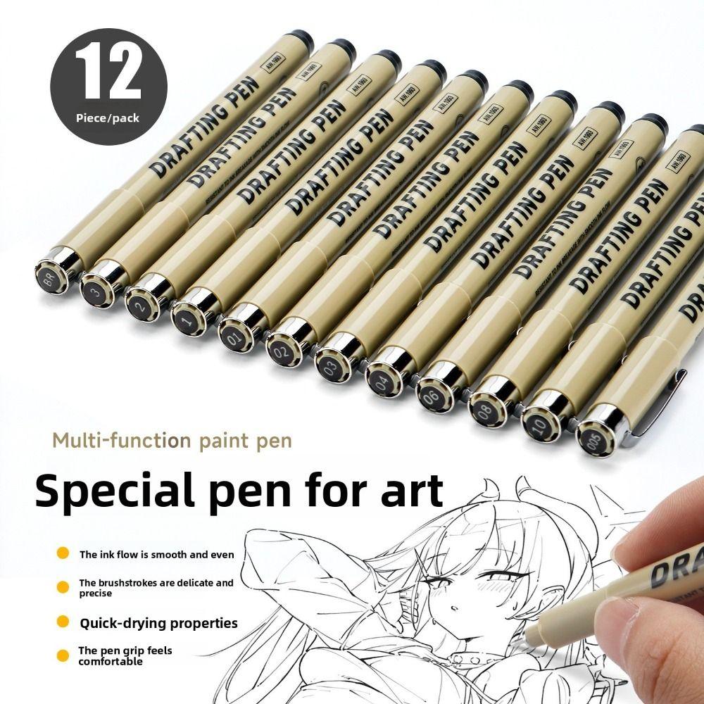 6/9/12 Pezzi Penna a Contorno Fine di Alta Qualità, Scorrevoli, Impermeabili, Fine-liner, Penna da Disegno a Inchiostro Nero, Design Fumetti