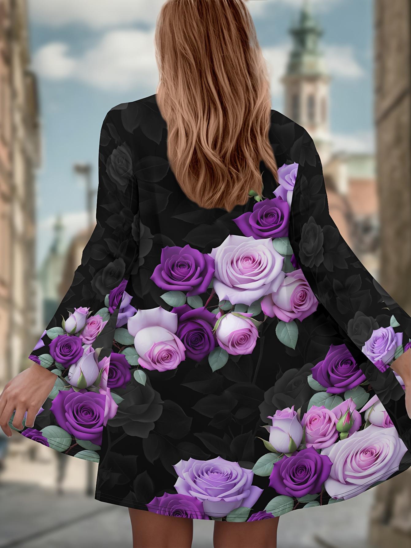 

Модный женский кардиган фиолетового цвета с цветочным принтом, с длинными рукавами, из полиэстера, с открытой передней частью, легкая накидка, повседневное пальто для весны и осени 5XL