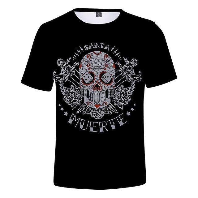 Summer Round Neck 3D Day of the Dead Colorful Skull Print Top Fashionable Casual Short Sleeved Men's and  Women's Unisex T-shirts