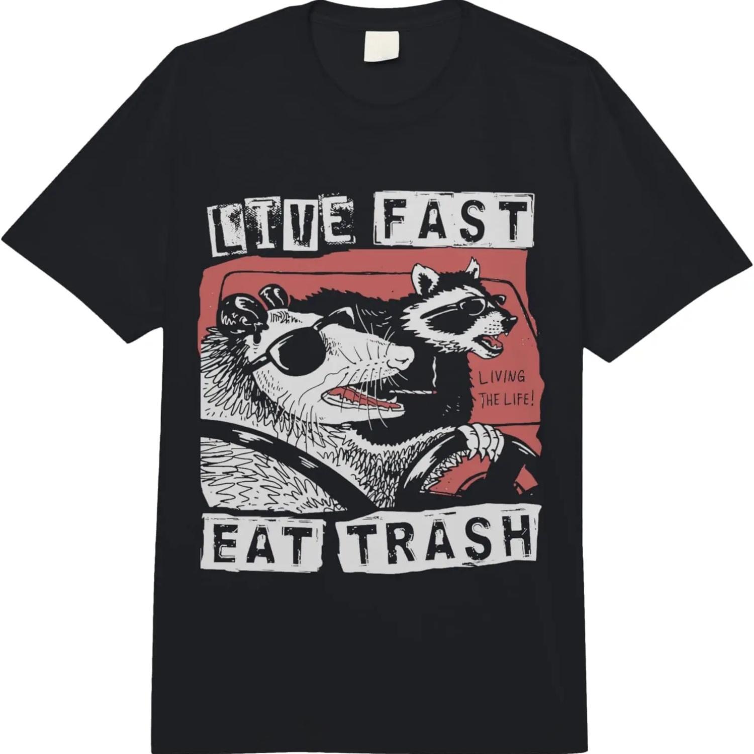 

Funny Possum Raccoon Live Fast Eat Trash Street Cats Squad Comfort Colors Adult Heavyweight T-shirt S чёрный