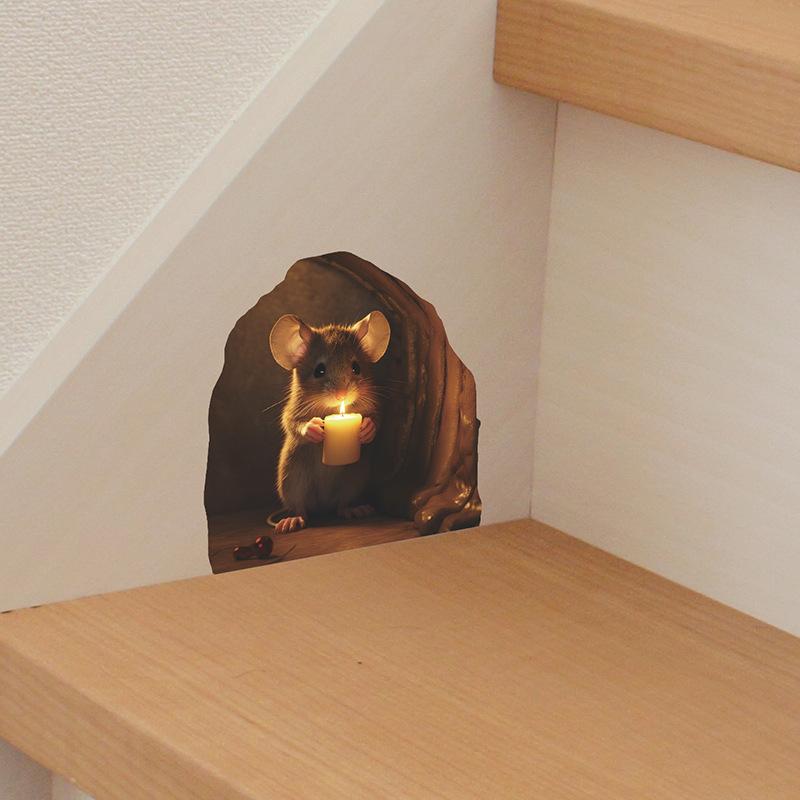 Cute 3D-style Cartoon Mouse Hole Wall Sticker Kitchen Living Room Kid Bedroom Wall Corner Decal Creative Fun Interior Decoration