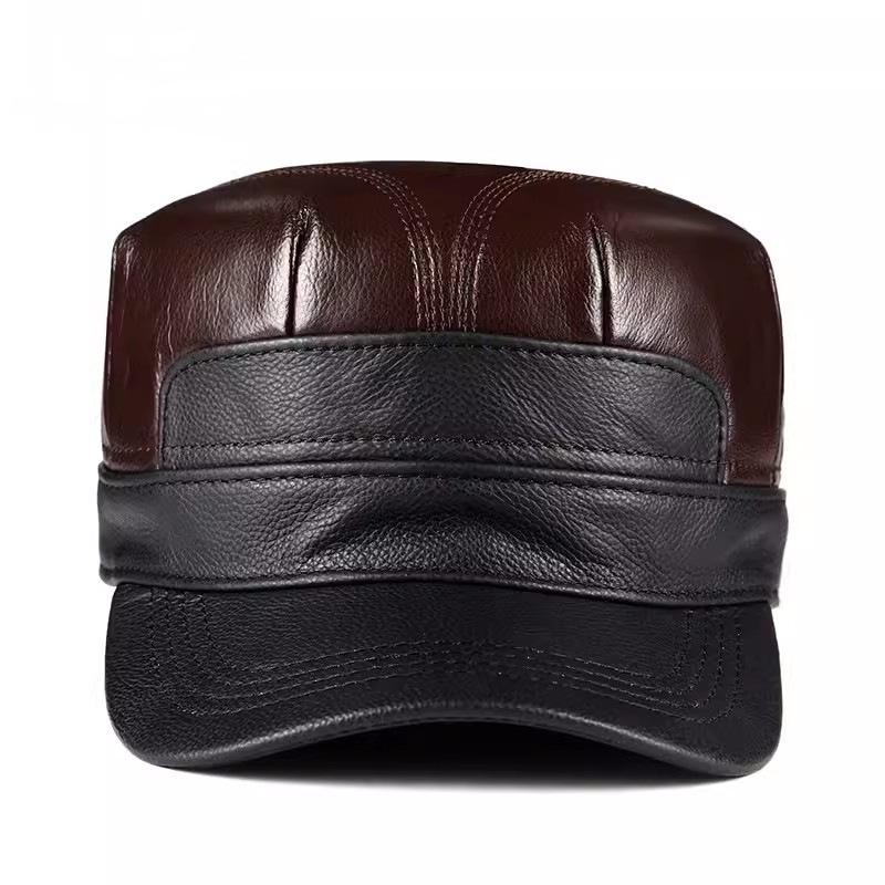 Men's Genuine Leather Flat Top Duckbill Cap - Autumn/Winter Casual Cowhide Hat for Middle-Aged and Older Adults