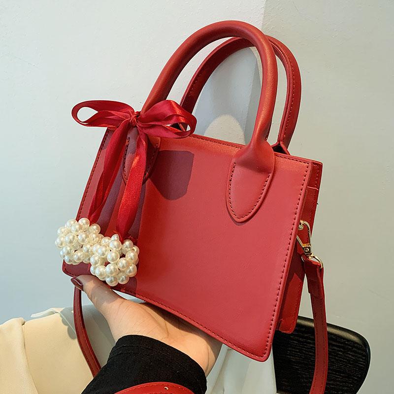 Red Women Wedding Handbag Large Capacity Scarves Decor Pu Leather Female Crossbody Bag High Grade Textured One Shoulder Bag
