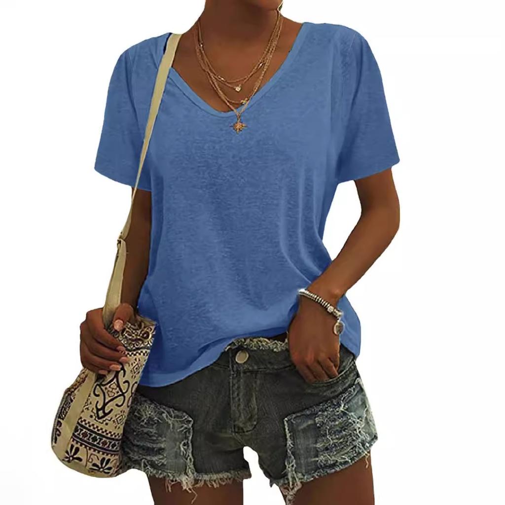 European and American women's solid color V-neck short-sleeved T-shirt, loose casual top can be printed in stock.
