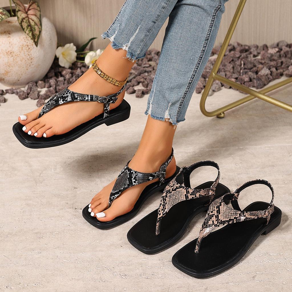 Snake Pattern Clip Toe Gladiator Sandals for Women Casual Rome Sandals Woman Low Heel Buckle Strap Beach Shoes