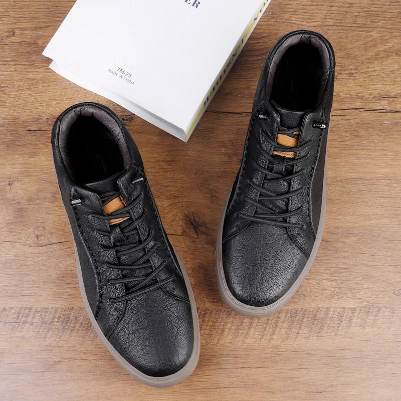 Fashion Non-Slip Versatile Men Sneakers Lace Up Genuine Leather Casual Shoes High Top Walking Shoes Warm Winter Man Ankle Boots Trainers