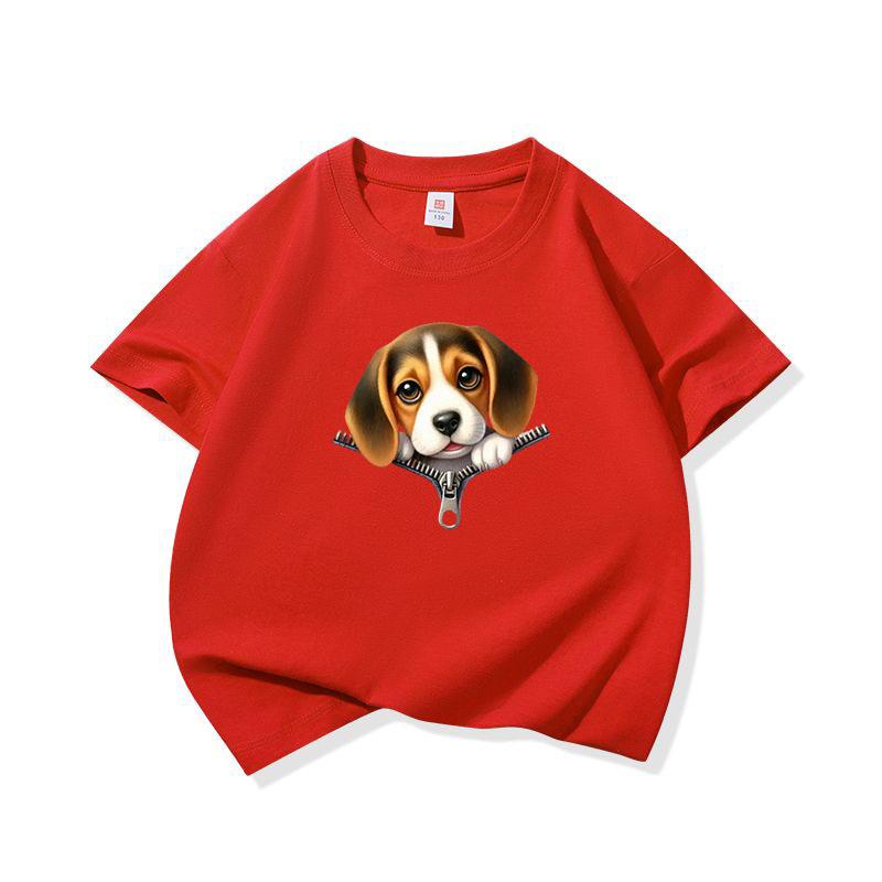 Kids Cotton T Shirt Cute Beagle Puppy Dog Zipper Print Crew Neck Short Sleeve Tee Casual Breathable Boys Girls Summer Tops