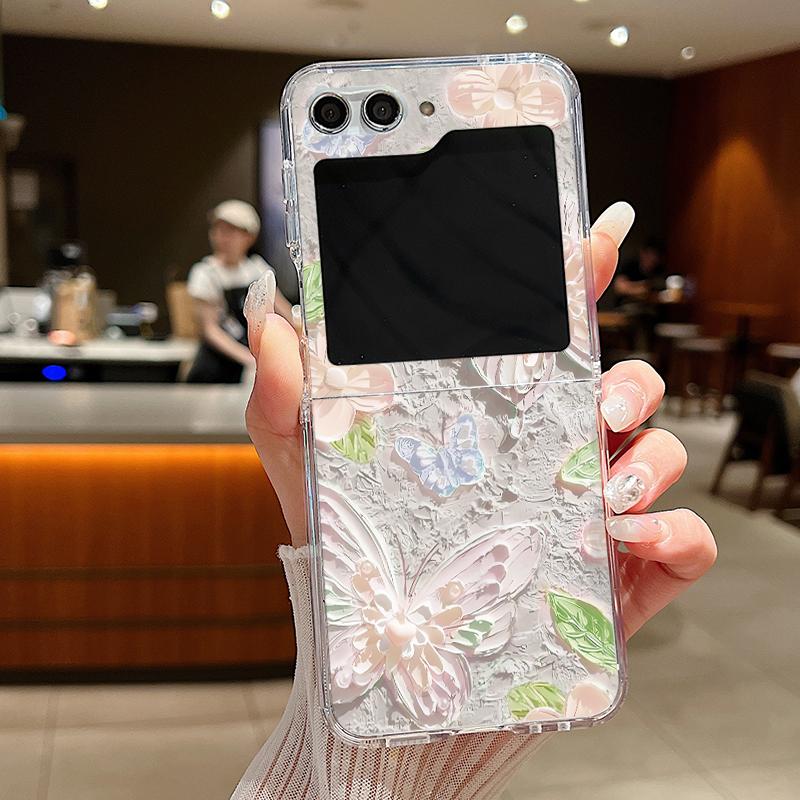 For Samsung Galaxy Z Flip 6 5 4 3 Case Luxury Oil Painting Flower Butterfly Hard Clear Folding Cover For Samsung Z Flip6 Flip5