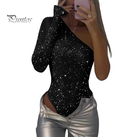 

Женский сексуальный боди с пайетками, длинный рукав, одно плечо, топ-труба, комбинезон, женский облегающий цельный комбинезон для вечеринок, клубов, баров M чёрный
