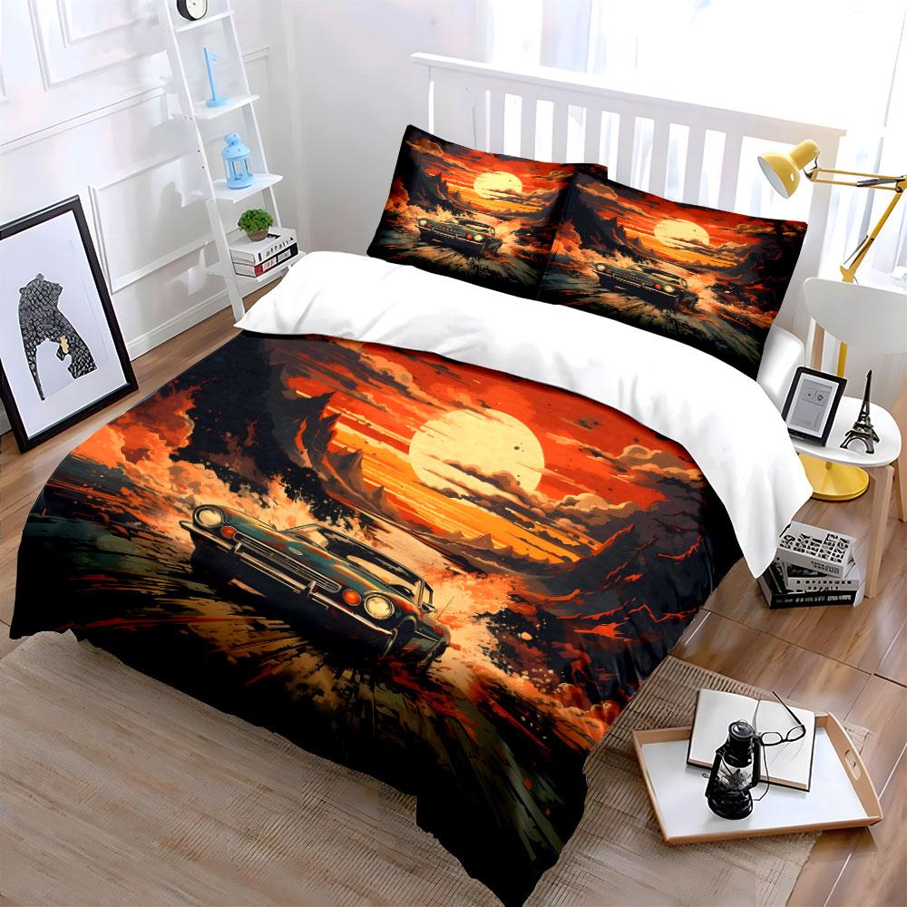 Classic Car Racing Under Sunset Print Bedding Set 1 Duvet Cover 2 Pillowcases For Adult And Children Luxury Gift Full Size