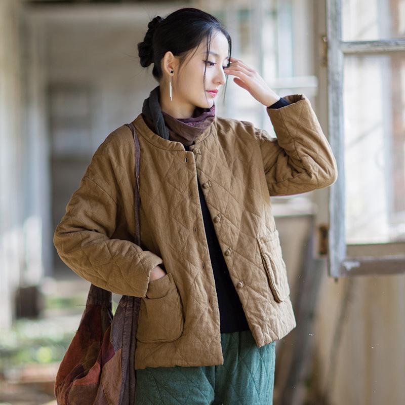 

Johnature Women Vintage Winter Warm Stand Long Sleeve Coats Solid Color Chinese Style Pockets Coats One Size