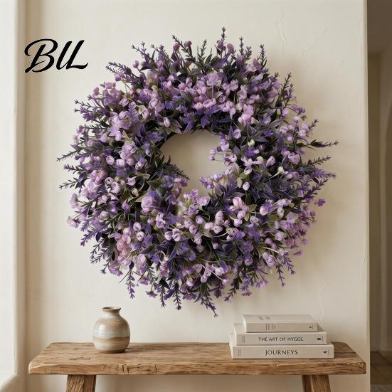 Décoration Lavande Fausse Couronne Artificielle pour Porte d'Entrée Printemps Été Arrangement de Fleurs Simulées Violettes Fausses Mur Intérieur Extérieur Porche Fenêtre