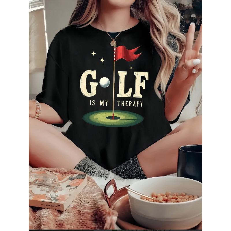 European Sizes Women's Golf Graphic Print T-Shirt - "GOLF IS MY Relax" Slogan, Breathable Short Sleeve Round Neck Casual Top for Summer