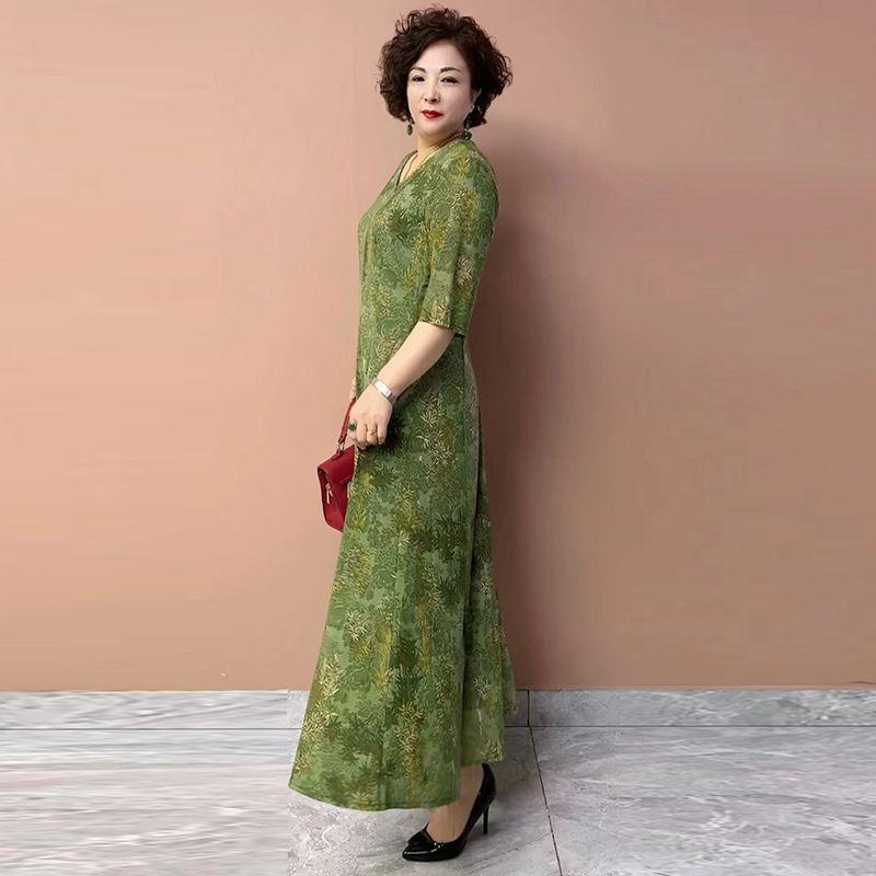 Summer Women's V-Neck Floral Dress Slim Fit Stretch Plus Size Dress Long Casual Dress