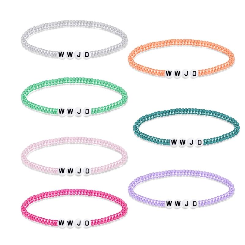 7PCS Colorful WWJD Bracelets Teen Girl Summer Beaded Bracelets Religious Stretch Bracelets What Would Jesus Do Bracelets