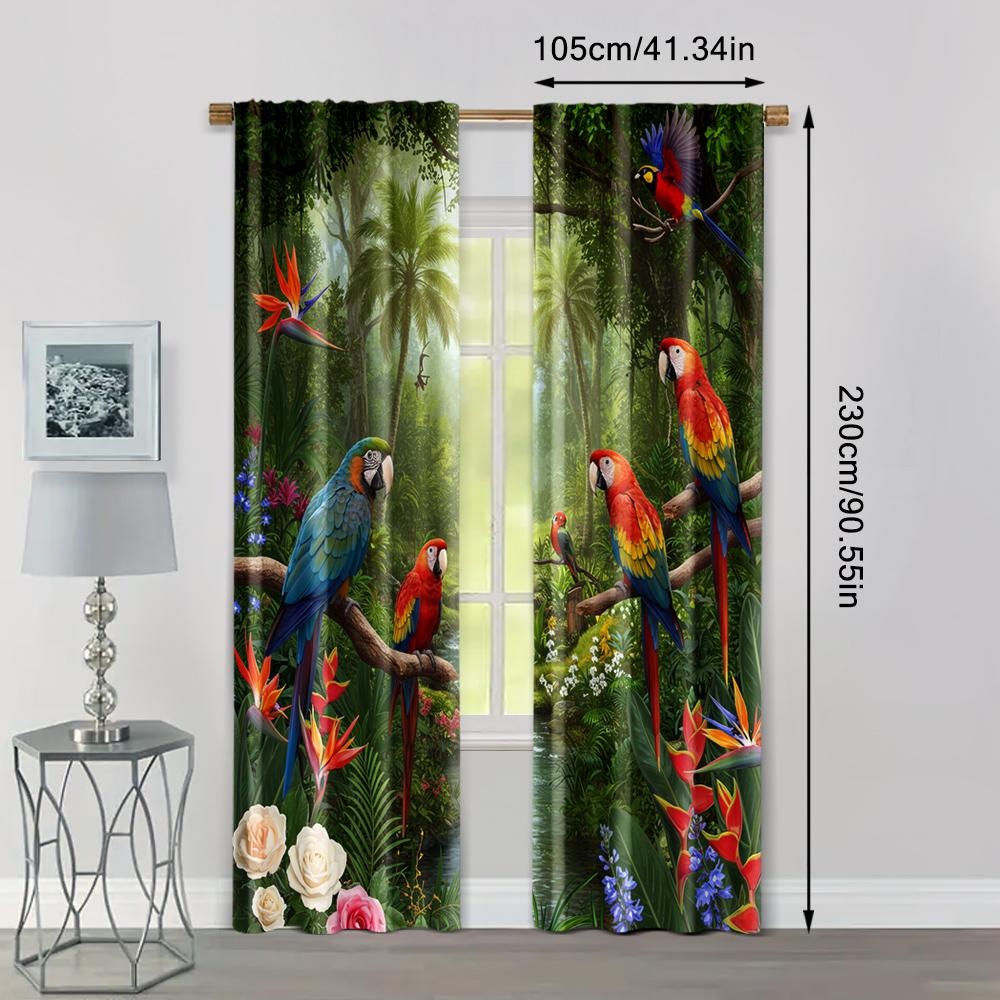 2pcs, spring summer Curtains Vibrant macaws in the rainforest Art Digital Print Drapes Durable Polyester Thermal Insulation, and