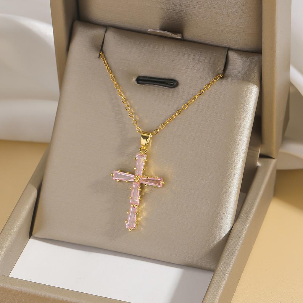 Cool Luxury Shiny Zircon Cross Pendant Necklaces for Women Men Fashion Stainless Steel Chains Collar Jewelry Accessories Gift