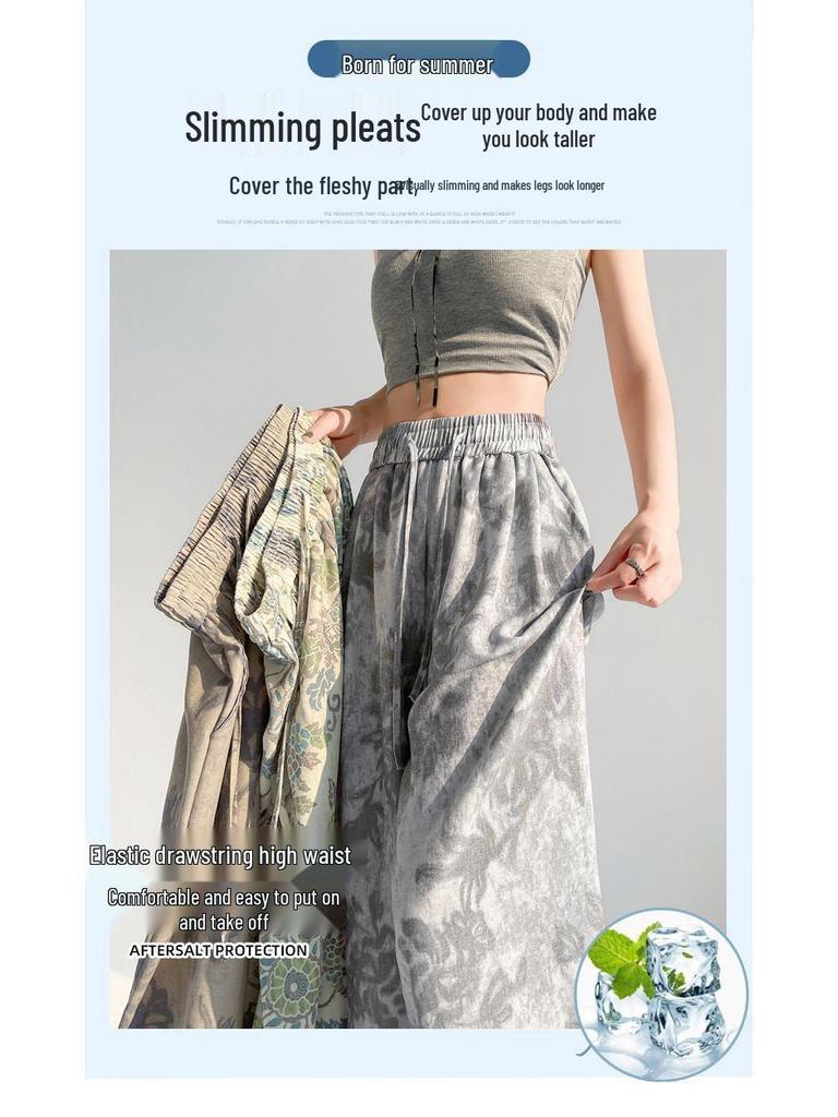 Women's Floral Wide-Leg Pants - Ice Silk, Cotton, Linen, Slimming, Casual Fit for Summer 2026