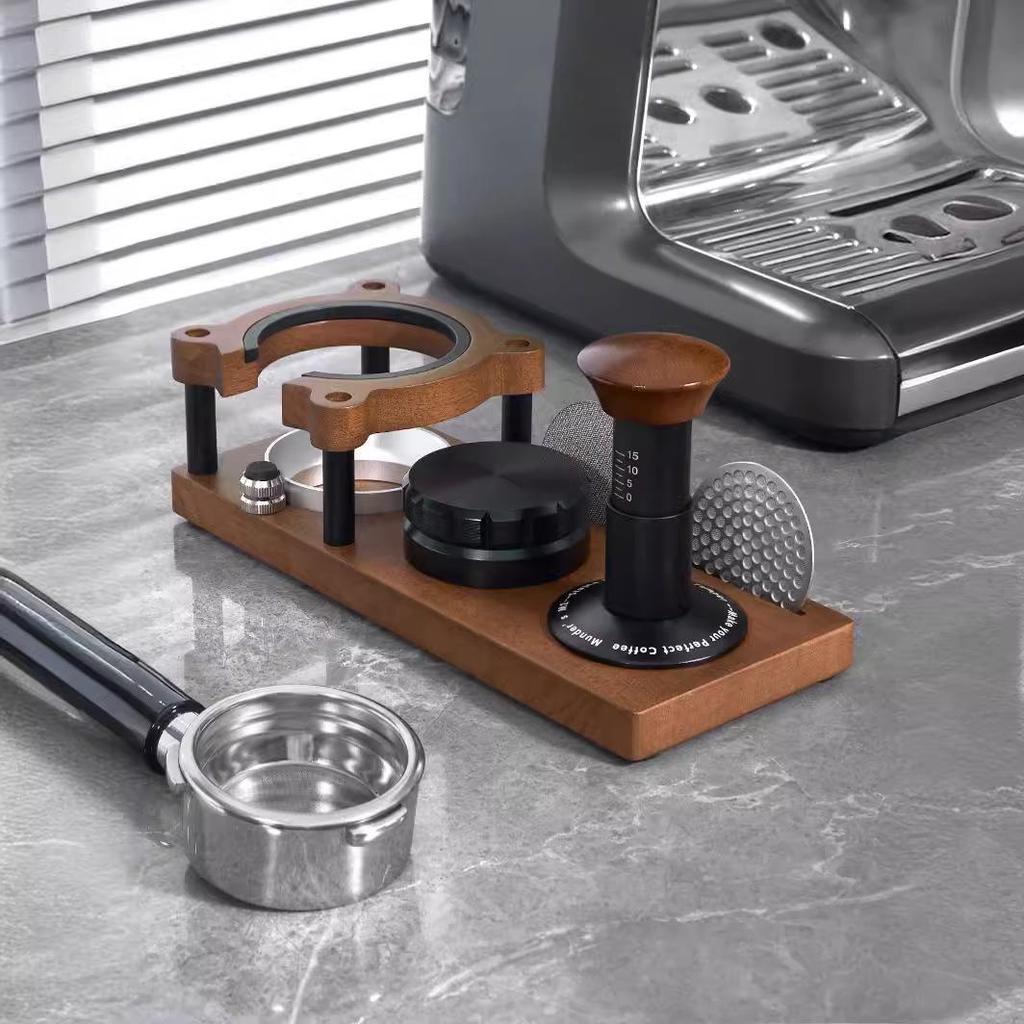 Multi-Functional Solid Wood Coffee Tamper & Distributor Base with Handle Holder