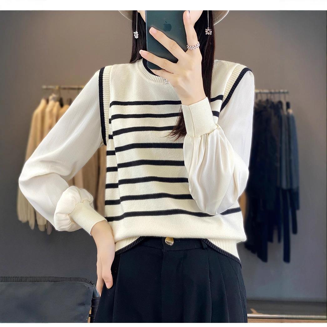 Женский вязаный свитер с эффектом двойки весенняя новинка с длинным рукавом в ретро-полоску пуловер One size fits all 3190₽