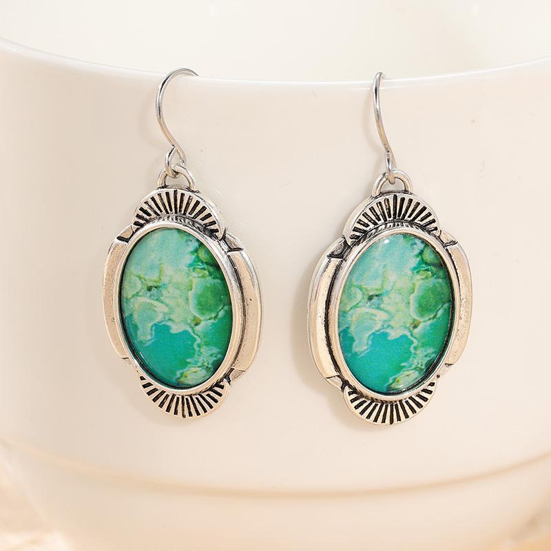 Böhmischer Stil Eingelegte Synthetische Türkis Silberbeschichtete Hängeohrringe für Damen Vintage Bankett Schmuck Accessoires Handwerk