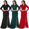 C7271 Women's Fashion Solid Color Long Sleeve Slit Dress with Hot Drilling
