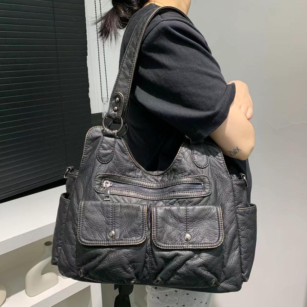 Women'S Soft Leather Washed Locomotive Bag Large Capacity Multi-Pocket Trendy Shoulder Bag
