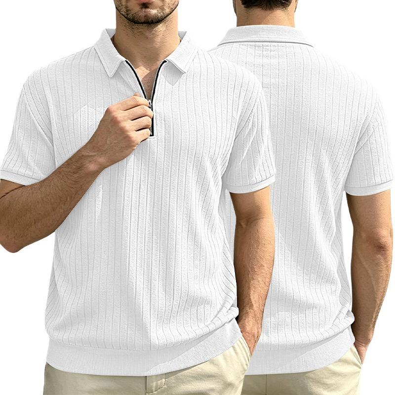 Men Solid Vertical Stripe Half Zip Turn Down Collar Short Sleeve Casual Large Size Polo T Shirt