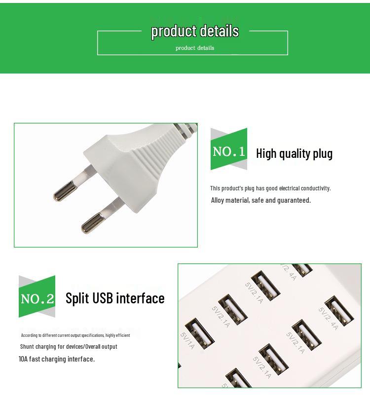 10-Port USB Power Strip Charger: Fast 5V2A Smart Charging for Huawei, Apple, Xiaomi Phones