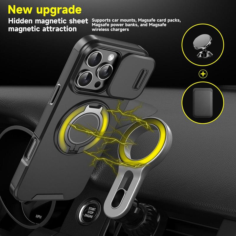 Suitable for iPhone 17 Pro Max 16 Pro 15 14 13 12 Pro Max with Slide Camera Protection Phone Case Rotating Ring Stand Shockproof Protective Cover for