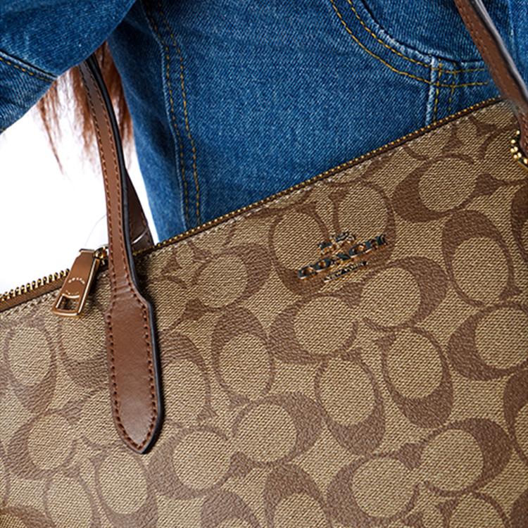 Coach Zip Top Tote PVC Shoulder Bag Medium Women's Brown (Unisex) Shoulder Bags 4455 IME74