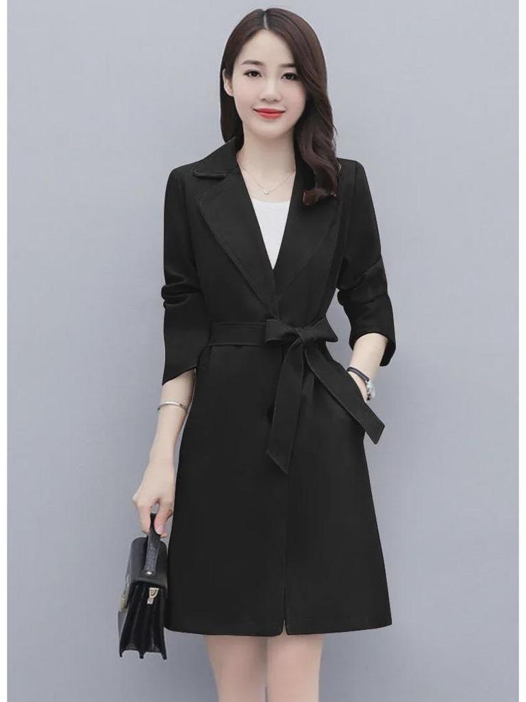 High-End Spring & Autumn Mid-Length Windbreaker for Petite Women - Long Sleeve, Slim Fit Cardigan